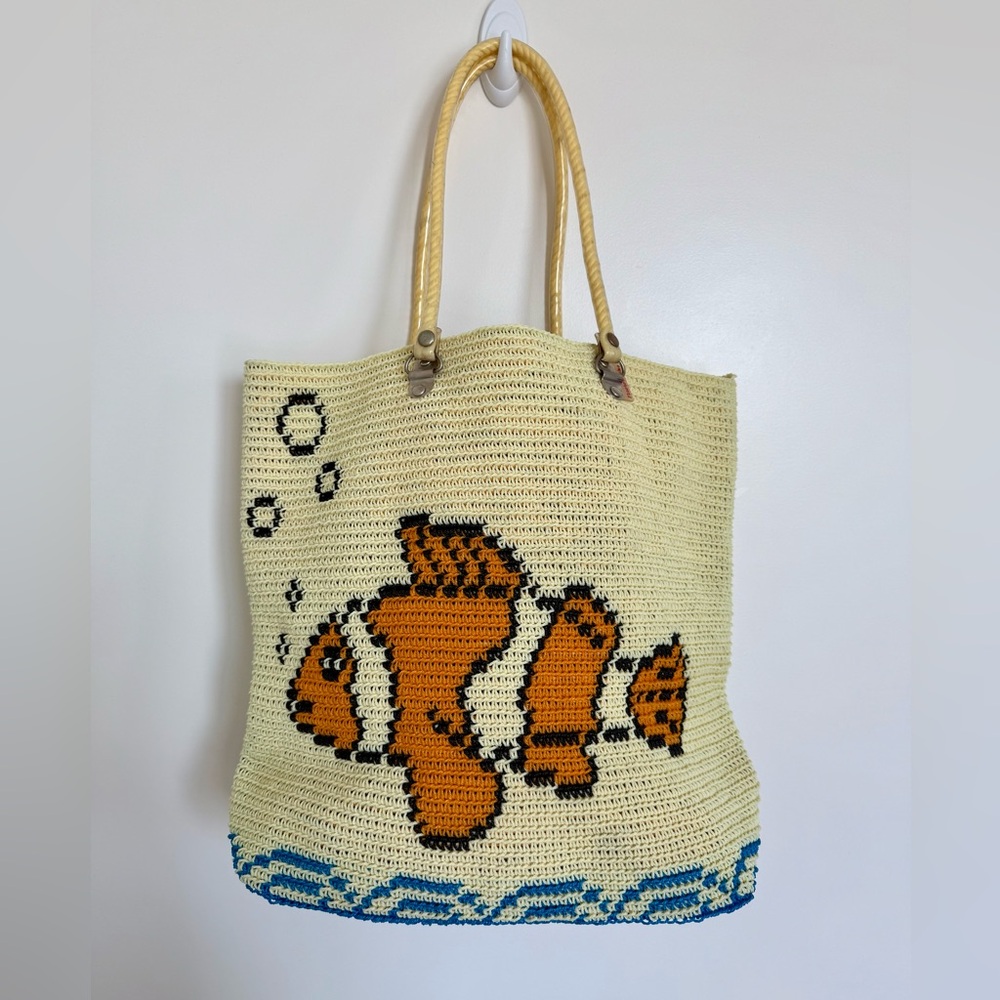 Vintage Handmade Crochet Fish Design Tote Bag - Cream and Orange